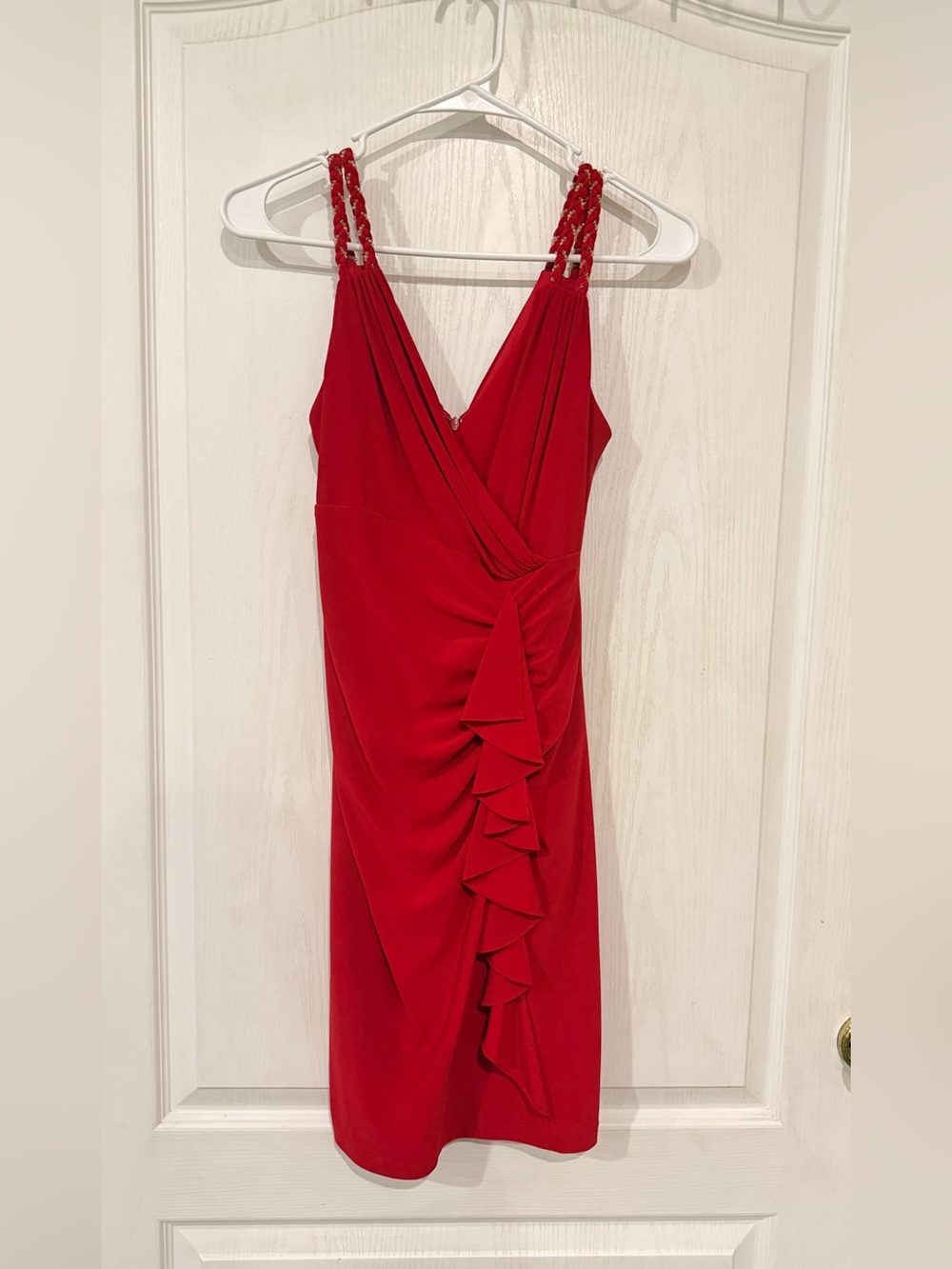 NWT Vintage Bodycon Cache Red V-Neck Midi Dress with Braided Straps